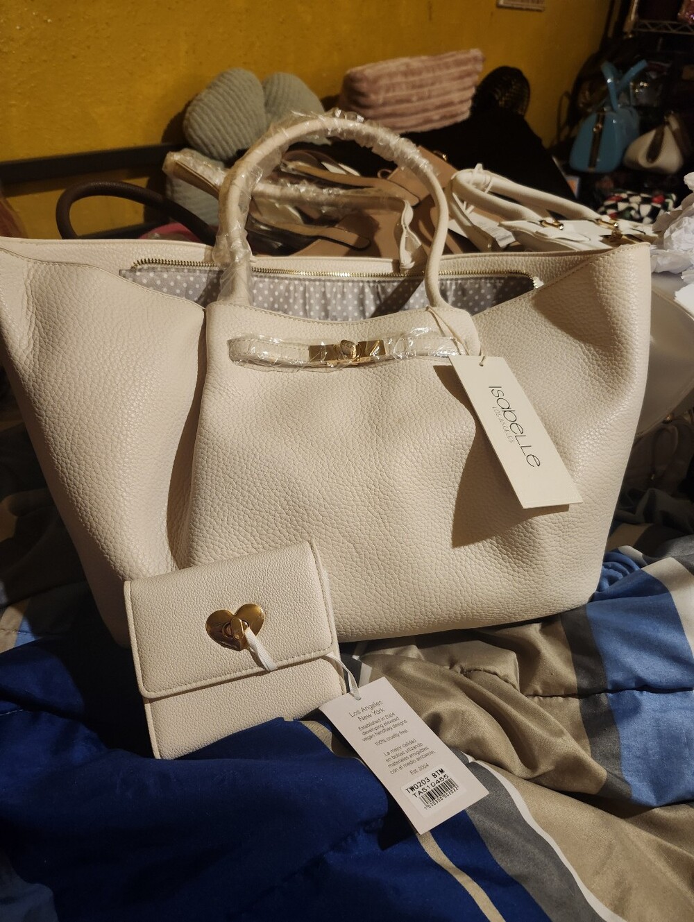 Cream Pebbled Leather Tote with Matching Wallet
